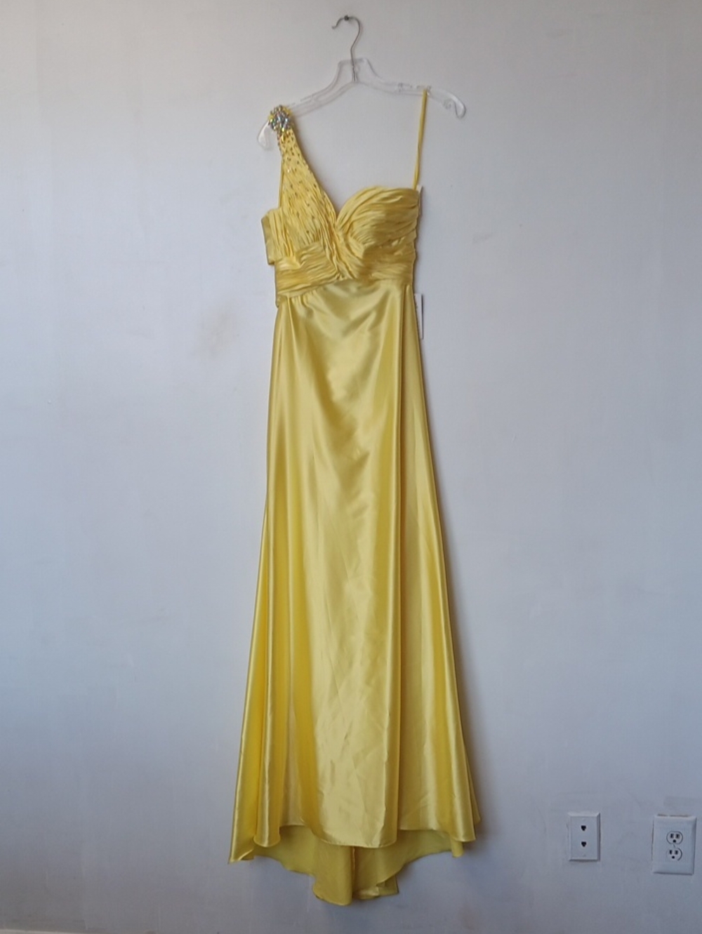 Clarisse Yellow One-Shoulder Satin Gown with Embellished Strap